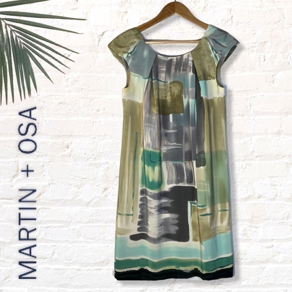 Martin + Osa 100% Silk Watercolor Floral Dress Olive green silk - Picture 3 of 8